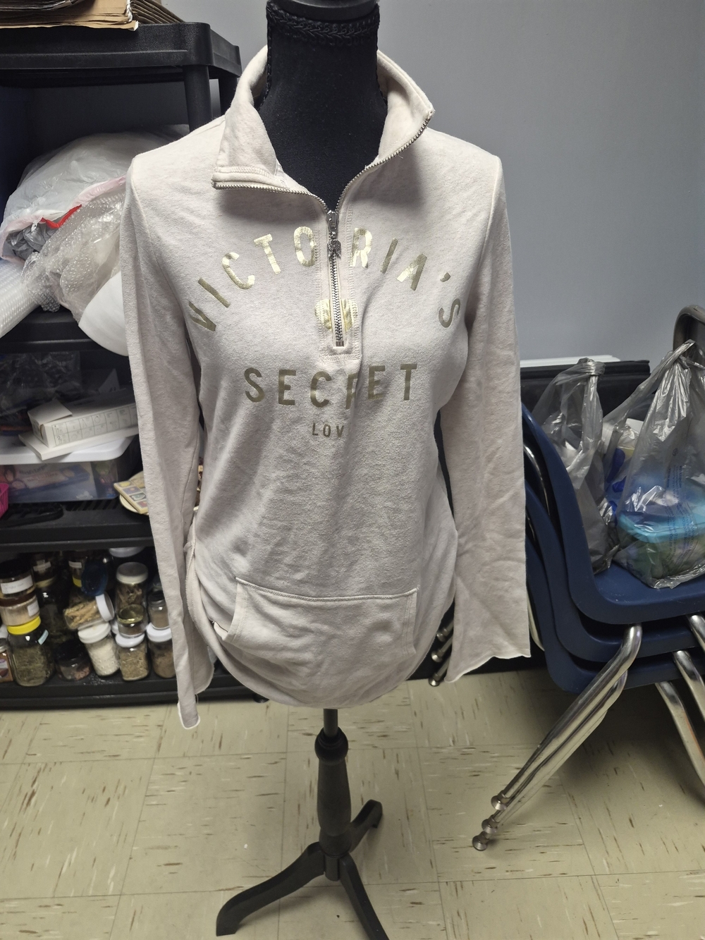 Victoria's Secret Pale Pink Quarter-Zip Hoodie with Metallic Logo